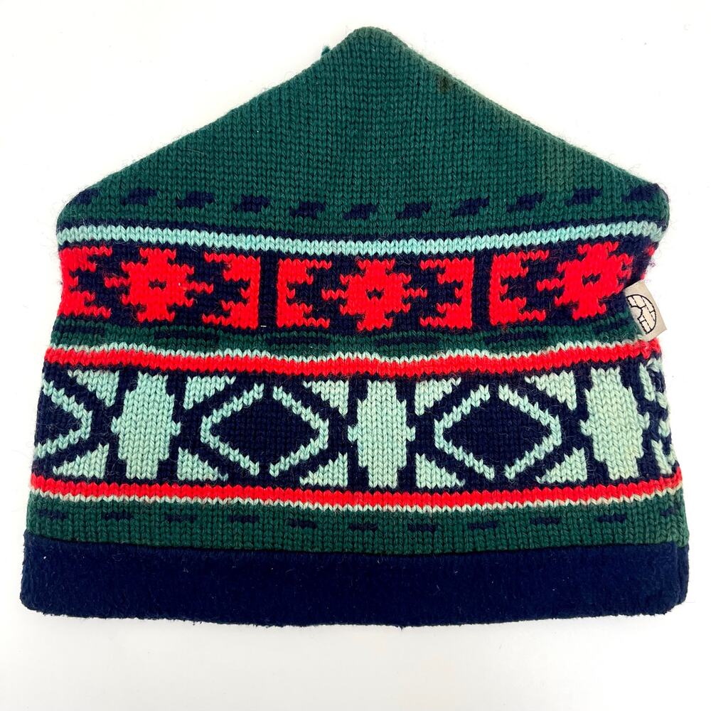 Vintage 90s Igloos Wool Beanie Fleece Lined Fair Isle Geometric Ski Hat USA Knit